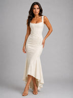 Cora | Women's Floral Corset Maxi Dress, Asymmetrical Hem Maxi Dress | Everlasting Boutique