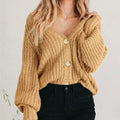 Coralie | Women's Oversized Chunky Cardigan, V-Neck Balloon Sleeve Knit | Everlasting Boutique | Khaki