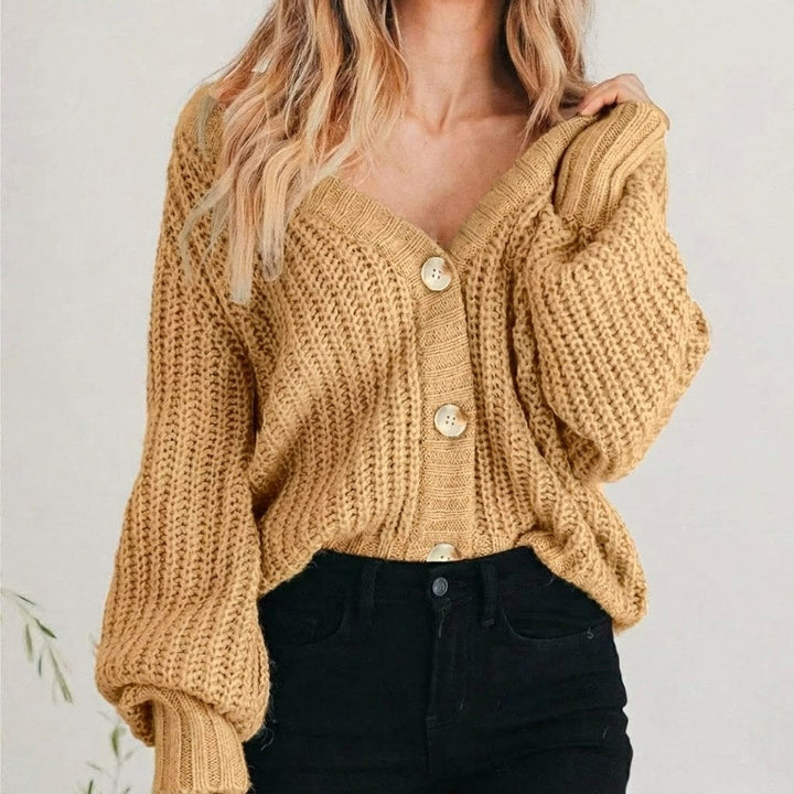Coralie | Women's Oversized Chunky Cardigan, V-Neck Balloon Sleeve Knit | Everlasting Boutique | Khaki