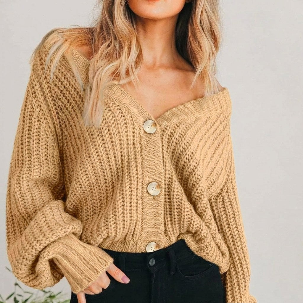 Coralie | Women's Oversized Chunky Cardigan, V-Neck Balloon Sleeve Knit | Everlasting Boutique | Beige