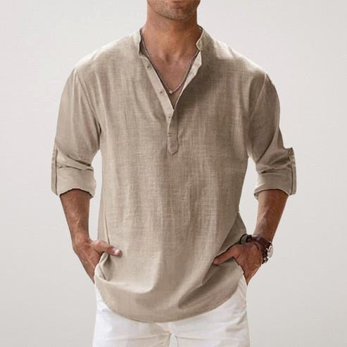 Daniel | Men's Relaxed Linen Shirt with Long Sleeves, Rolled-Cuff Summer Shirt | Everlasting Boutique | Khaki