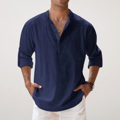 Daniel | Men's Relaxed Linen Shirt with Long Sleeves, Rolled-Cuff Summer Shirt | Everlasting Boutique | Navy
