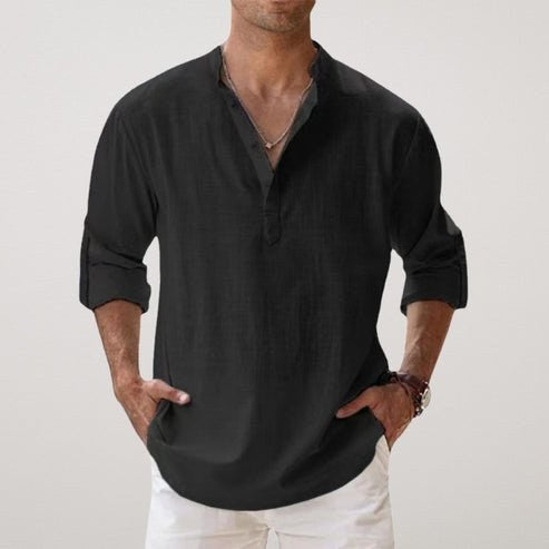 Daniel | Men's Relaxed Linen Shirt with Long Sleeves, Rolled-Cuff Summer Shirt | Everlasting Boutique | Black