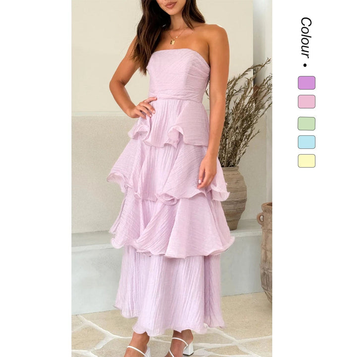 Danielle | Women's Strapless Tiered Maxi Dress, Ruffle Wedding Guest Dress | Everlasting Boutique | Pink