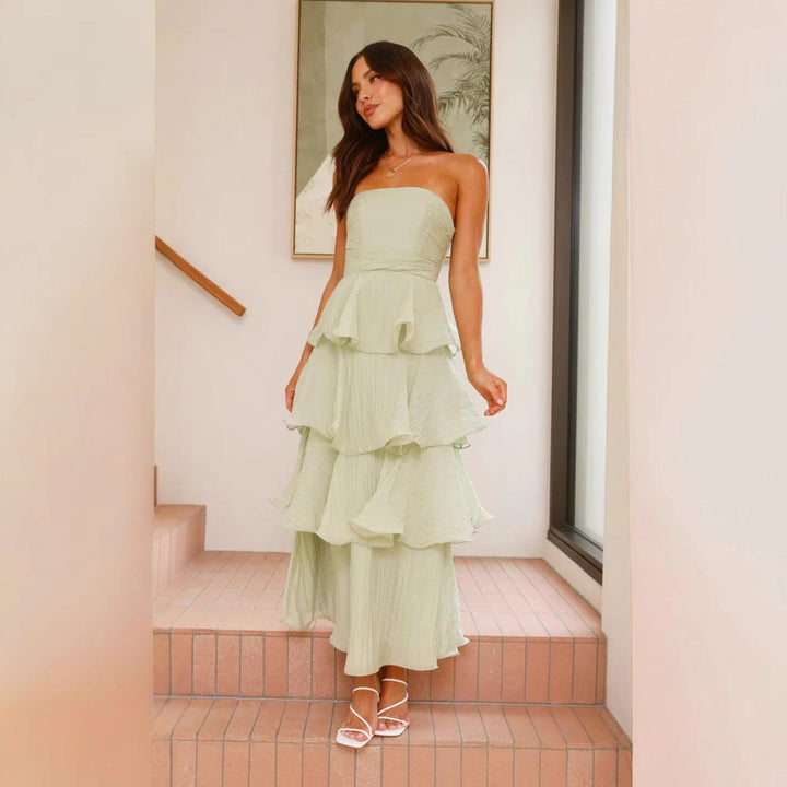 Danielle | Women's Strapless Tiered Maxi Dress, Ruffle Wedding Guest Dress | Everlasting Boutique | Light Blue