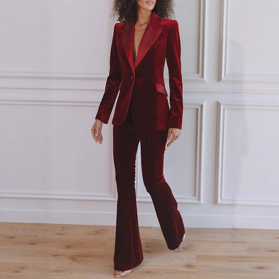 Delphine | Women's Single-Button Blazer Flare Trouser Set, Contrast Lapel Two-Piece Suit | Everlasting Boutique | Black