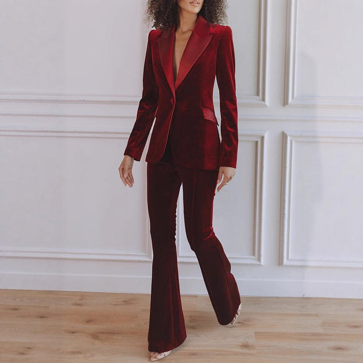 Delphine | Women's Single-Button Blazer Flare Trouser Set, Contrast Lapel Two-Piece Suit | Everlasting Boutique | Black