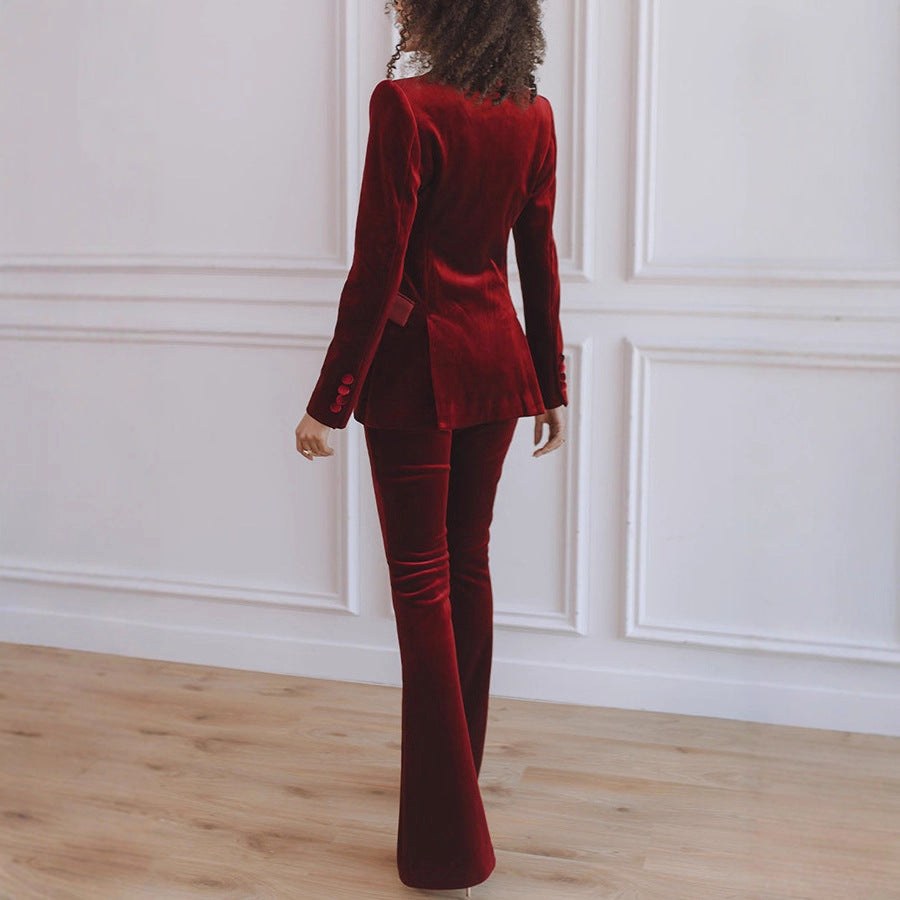Delphine | Women's Single-Button Blazer Flare Trouser Set, Contrast Lapel Two-Piece Suit | Everlasting Boutique