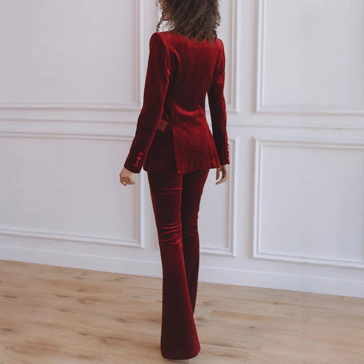 Delphine | Women's Single-Button Blazer Flare Trouser Set, Contrast Lapel Two-Piece Suit | Everlasting Boutique
