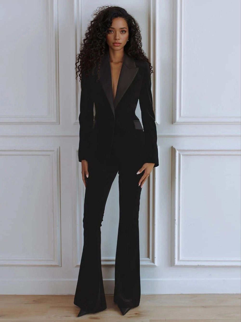 Delphine | Women's Single-Button Blazer Flare Trouser Set, Contrast Lapel Two-Piece Suit | Everlasting Boutique