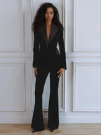 Delphine | Women's Single-Button Blazer Flare Trouser Set, Contrast Lapel Two-Piece Suit | Everlasting Boutique