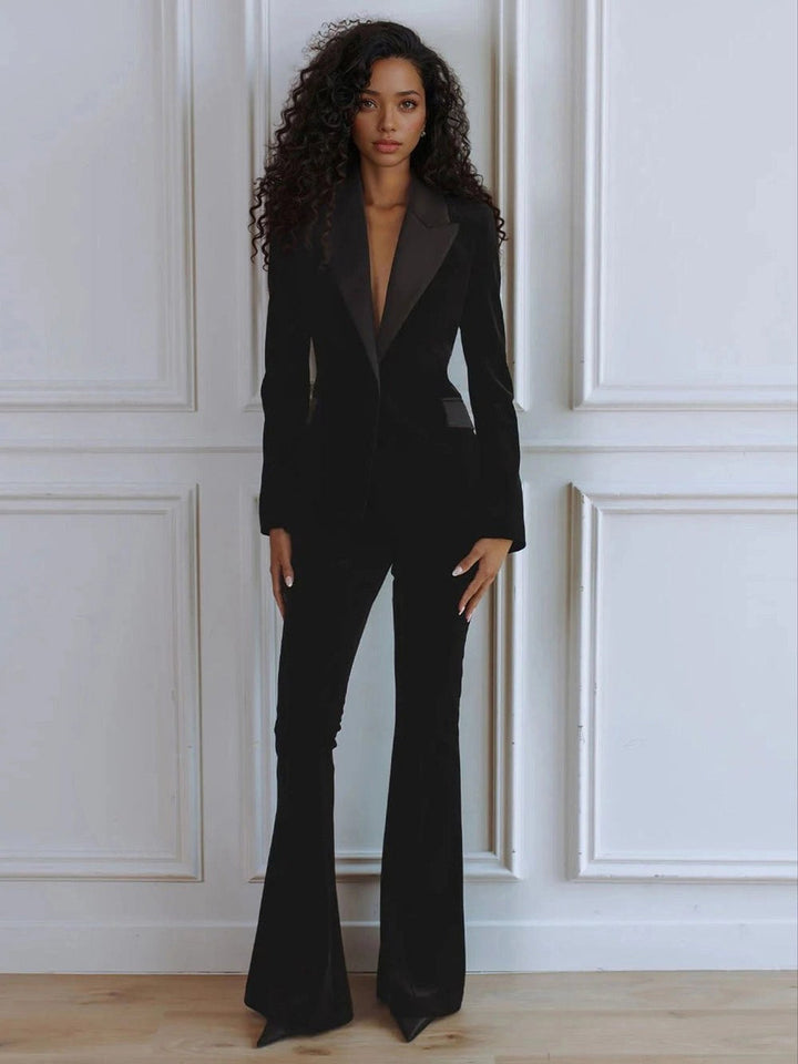 Delphine | Women's Single-Button Blazer Flare Trouser Set, Contrast Lapel Two-Piece Suit | Everlasting Boutique