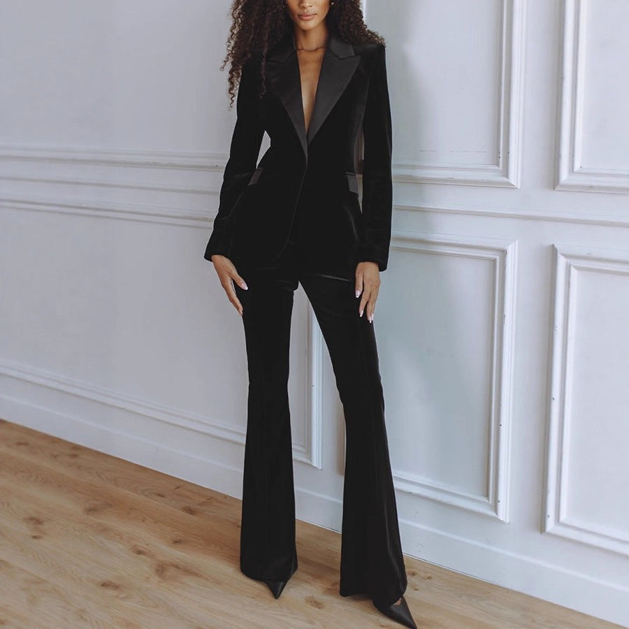Delphine | Women's Single-Button Blazer Flare Trouser Set, Contrast Lapel Two-Piece Suit | Everlasting Boutique