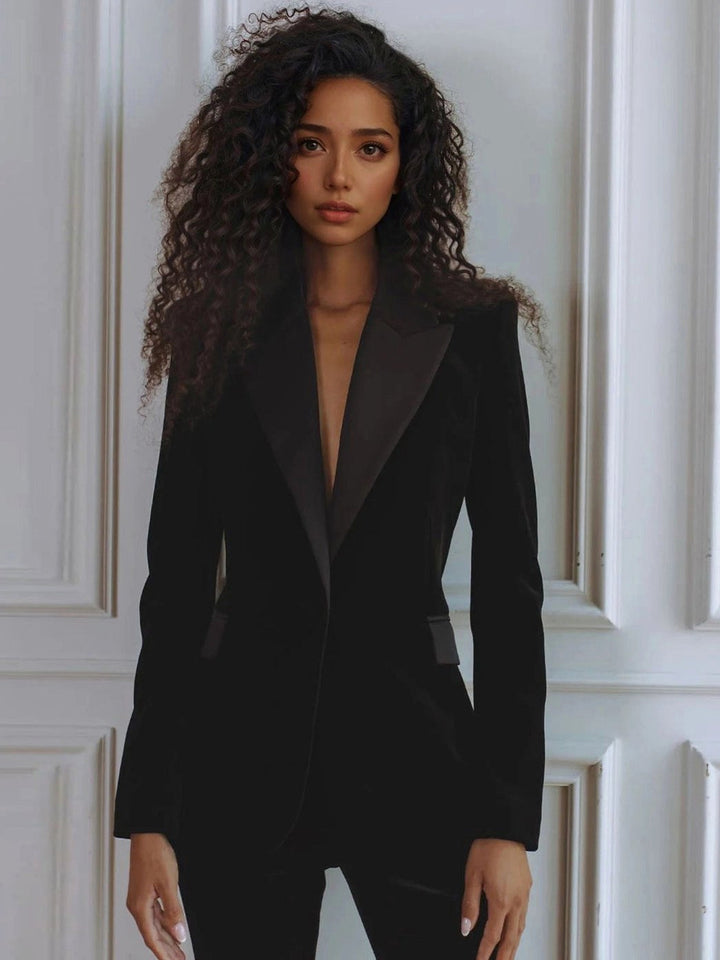 Delphine | Women's Single-Button Blazer Flare Trouser Set, Contrast Lapel Two-Piece Suit | Everlasting Boutique