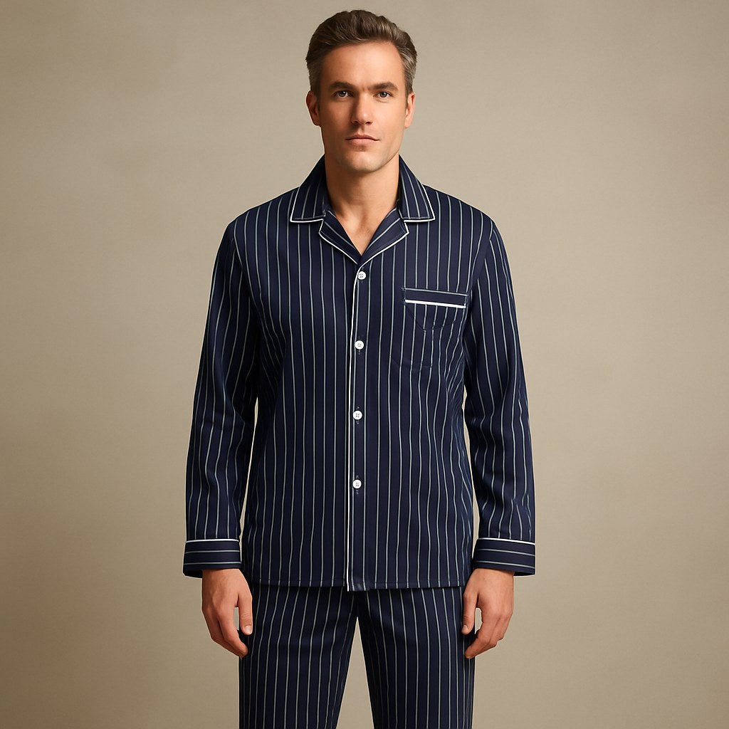 Dieter | Men's Striped Pyjamas with Long Sleeves, Two-Piece Pyjama Set | Everlasting Boutique | Bayeux Blue