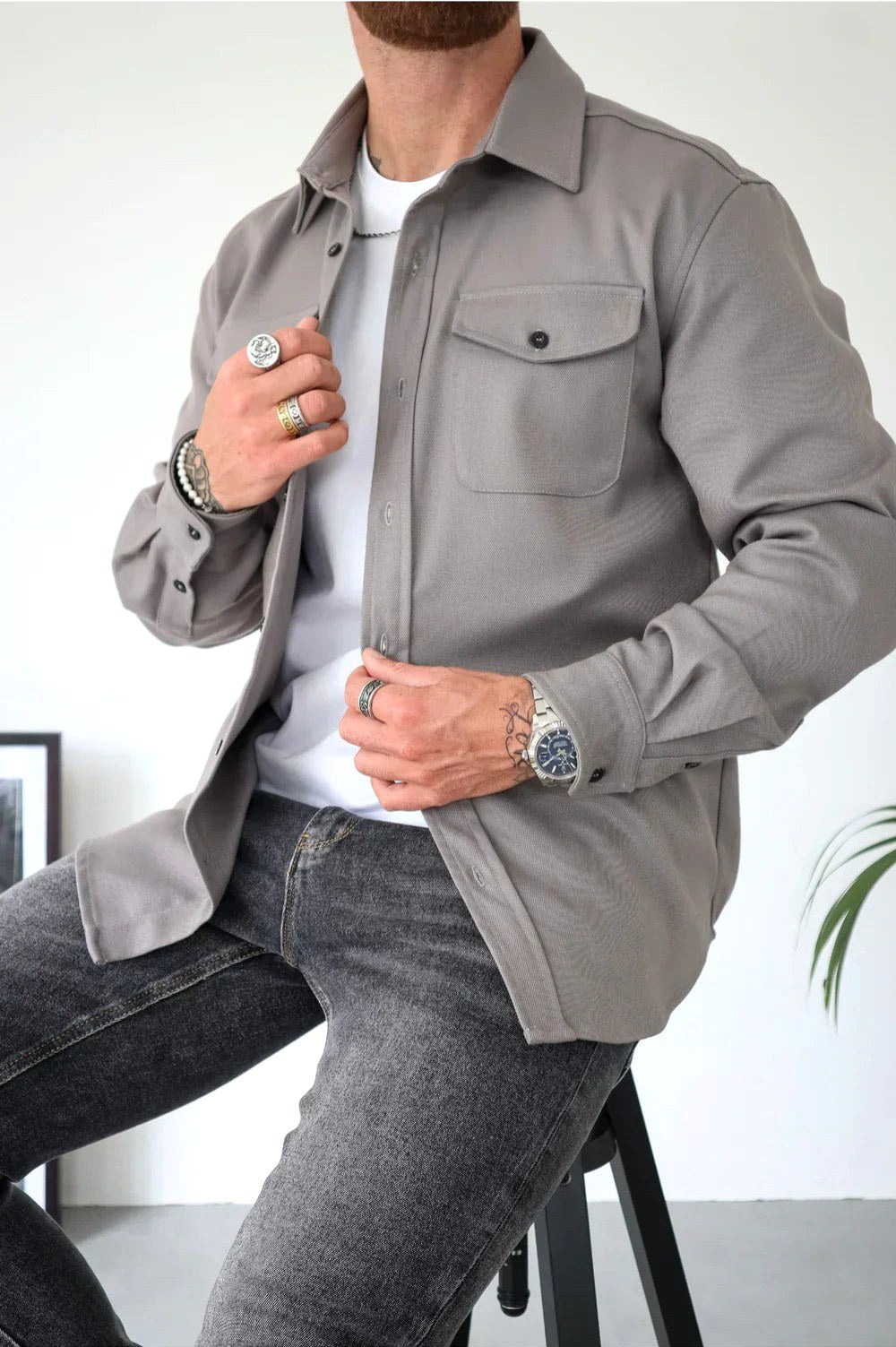 Dominic | Men's Long Sleeve Button-Up Shirt Jacket, Relaxed-Fit Overshirt | Everlasting Boutique | Grey