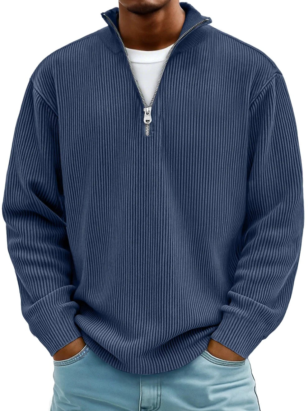 Eckhard | Men's Sweatshirt with Half-Zip and Ribbed Structure, Oversized Sweatshirt | Everlasting Boutique | Blue