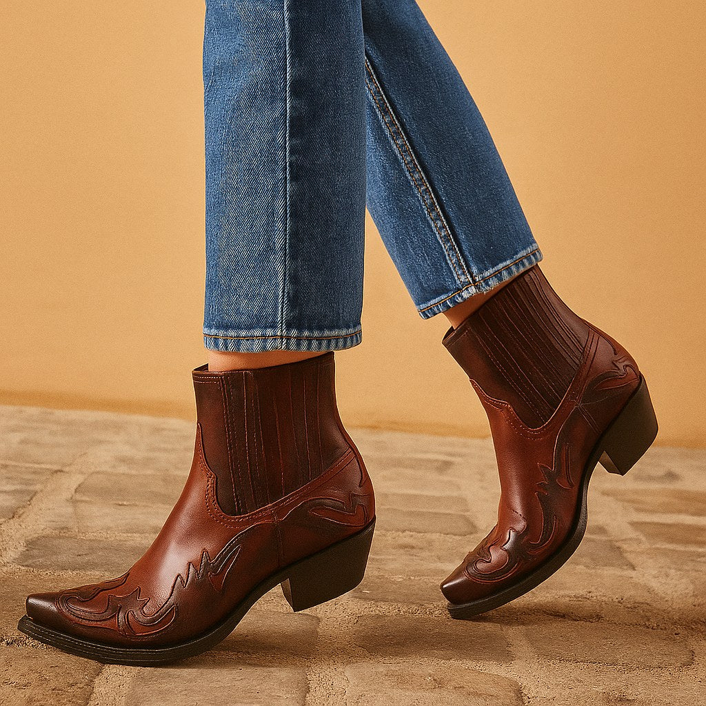 Edith | Women's Leather Cowboy Boots, Western Style Ankle Boots | Everlasting Boutique