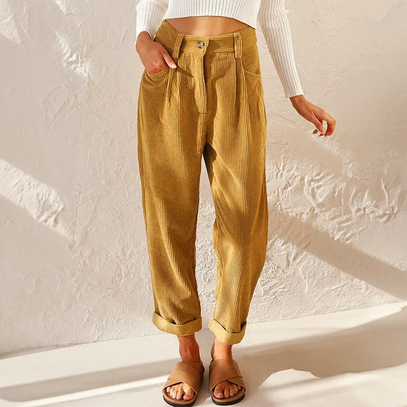 Eliane | Women's High-Waist Wide-Leg Corduroy Trousers, Pleated Front Trousers | Everlasting Boutique | Khaki