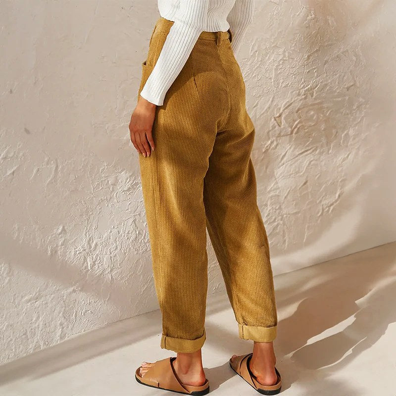 Eliane | Women's High-Waist Wide-Leg Corduroy Trousers, Pleated Front Trousers | Everlasting Boutique | Brown