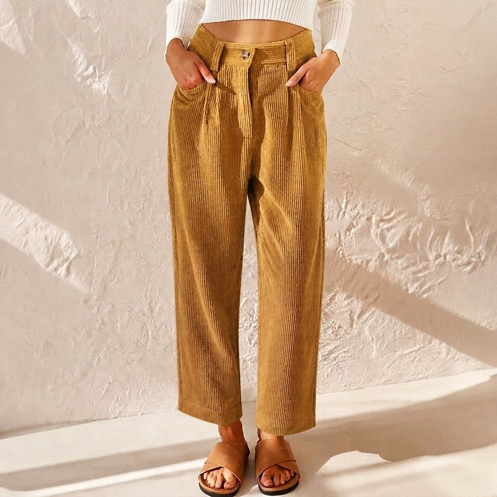Eliane | Women's High-Waist Wide-Leg Corduroy Trousers, Pleated Front Trousers | Everlasting Boutique | Green