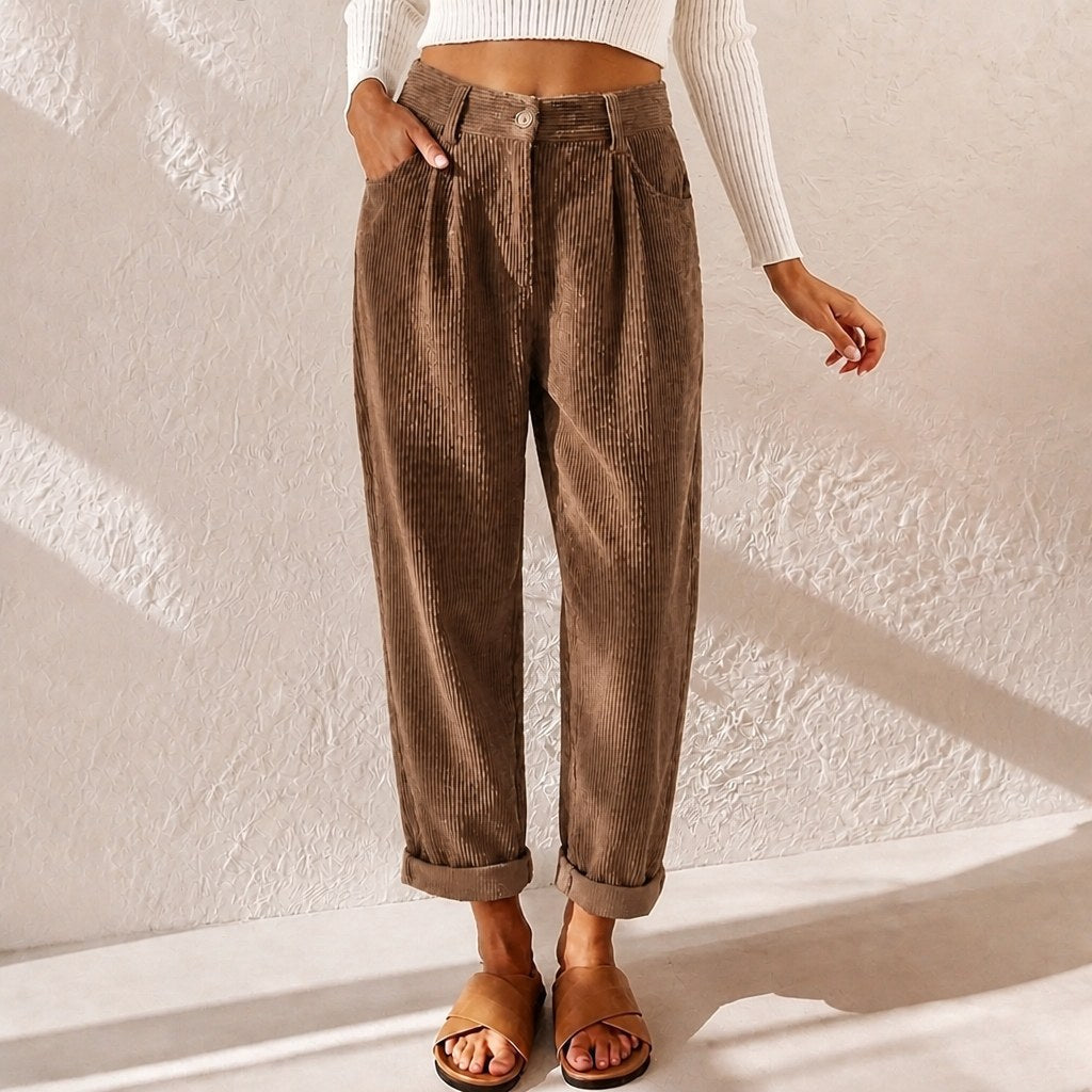 Eliane | Women's High-Waist Wide-Leg Corduroy Trousers, Pleated Front Trousers | Everlasting Boutique | Blue