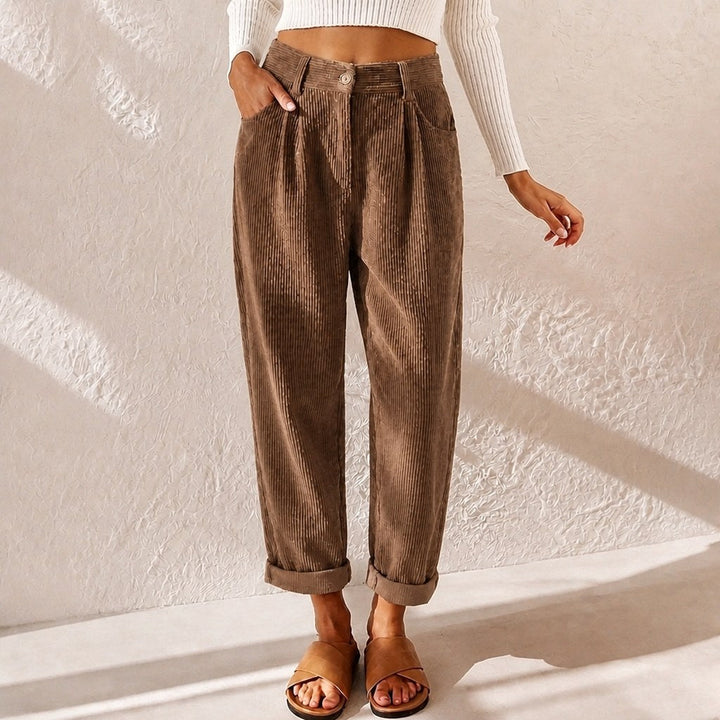 Eliane | Women's High-Waist Wide-Leg Corduroy Trousers, Pleated Front Trousers | Everlasting Boutique | Blue