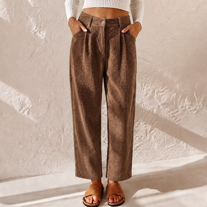 Eliane | Women's High-Waist Wide-Leg Corduroy Trousers, Pleated Front Trousers | Everlasting Boutique | Black