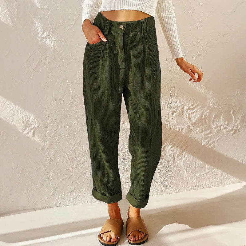 Eliane | Women's High-Waist Wide-Leg Corduroy Trousers, Pleated Front Trousers | Everlasting Boutique