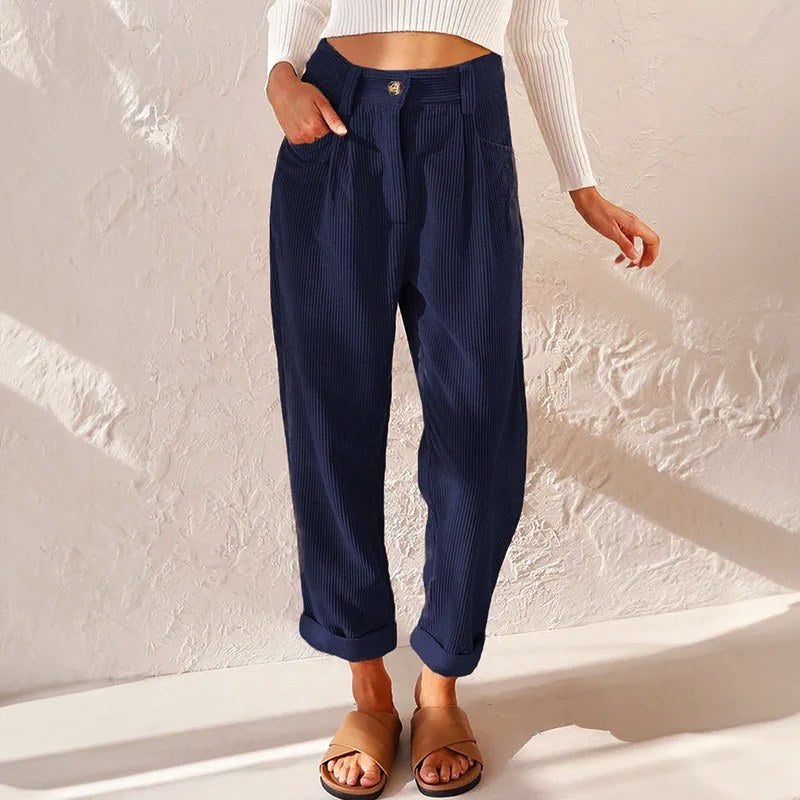 Eliane | Women's High-Waist Wide-Leg Corduroy Trousers, Pleated Front Trousers | Everlasting Boutique