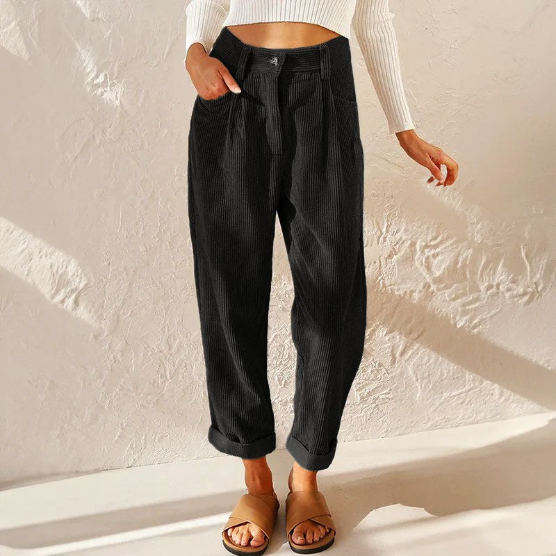 Eliane | Women's High-Waist Wide-Leg Corduroy Trousers, Pleated Front Trousers | Everlasting Boutique