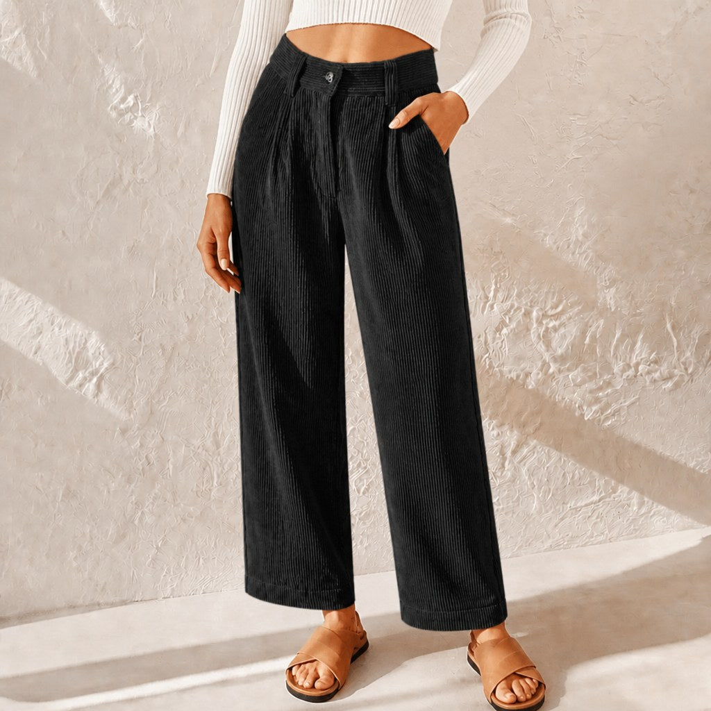 Eliane | Women's High-Waist Wide-Leg Corduroy Trousers, Pleated Front Trousers | Everlasting Boutique