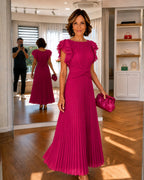 Elizabeth | Women's Pleated Maxi Dress with a Defined Waist and Ruffle Sleeves – an Evening Dress | Everlasting Boutique