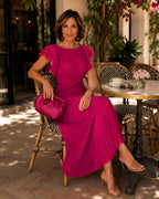 Elizabeth | Women's Pleated Maxi Dress with a Defined Waist and Ruffle Sleeves – an Evening Dress | Everlasting Boutique