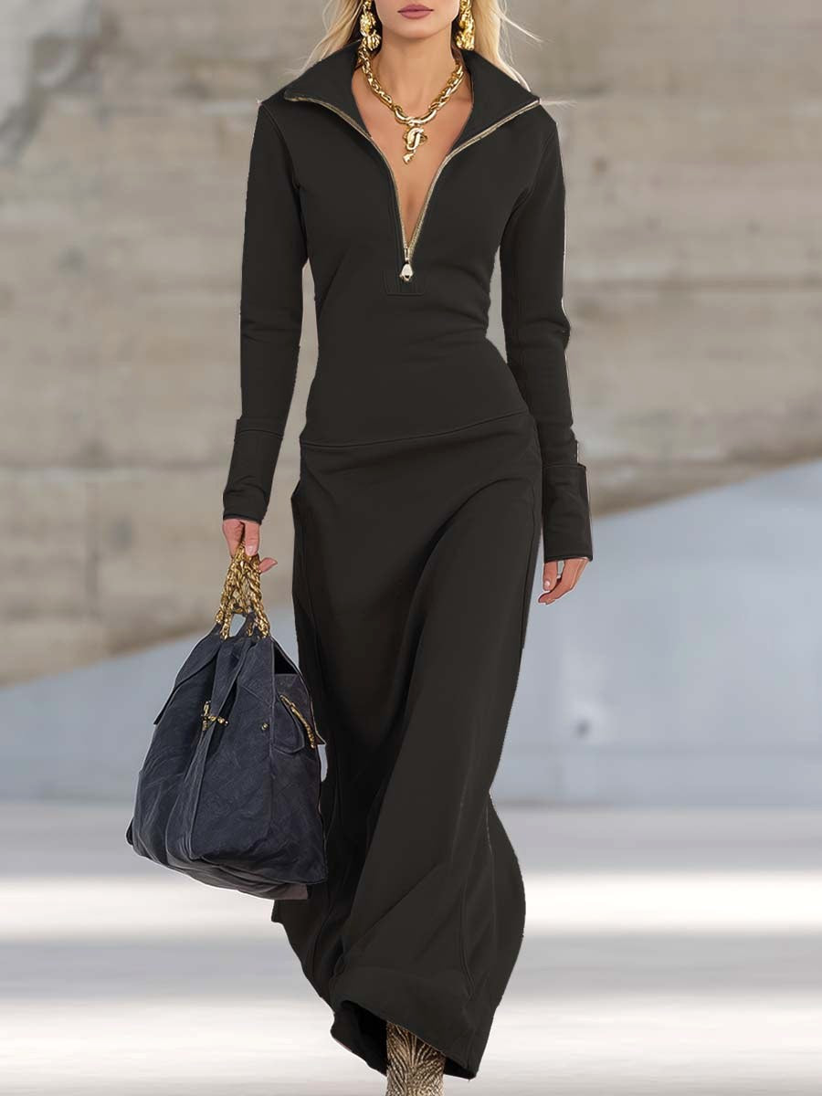 Eliza | Women's Maxi Dress with Long Sleeves and Zip Collar, Fitted Maxi Dress | Everlasting Boutique