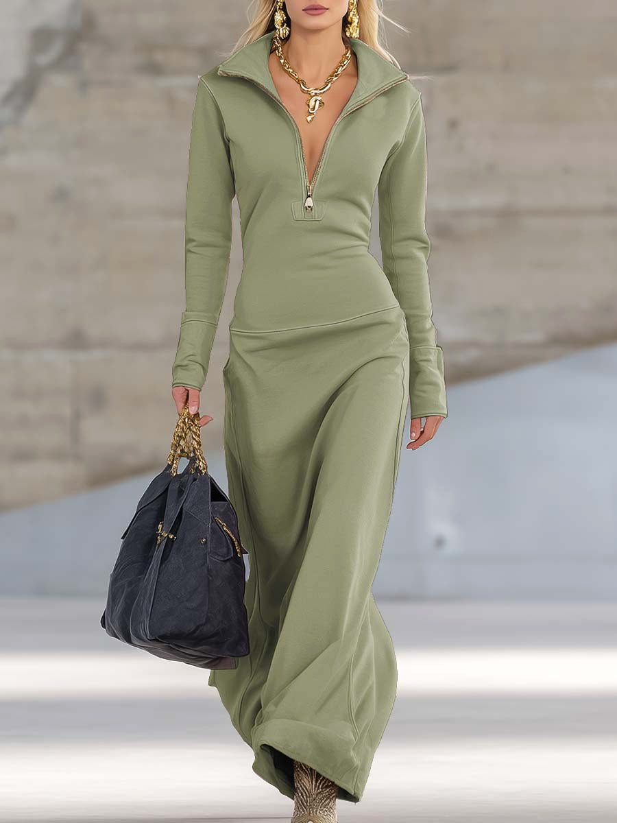 Eliza | Women's Maxi Dress with Long Sleeves and Zip Collar, Fitted Maxi Dress | Everlasting Boutique