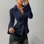 Ellie | Women's Fitted Shirt with Collar and V-Neckline, Long-Sleeve Blouse | Everlasting Boutique