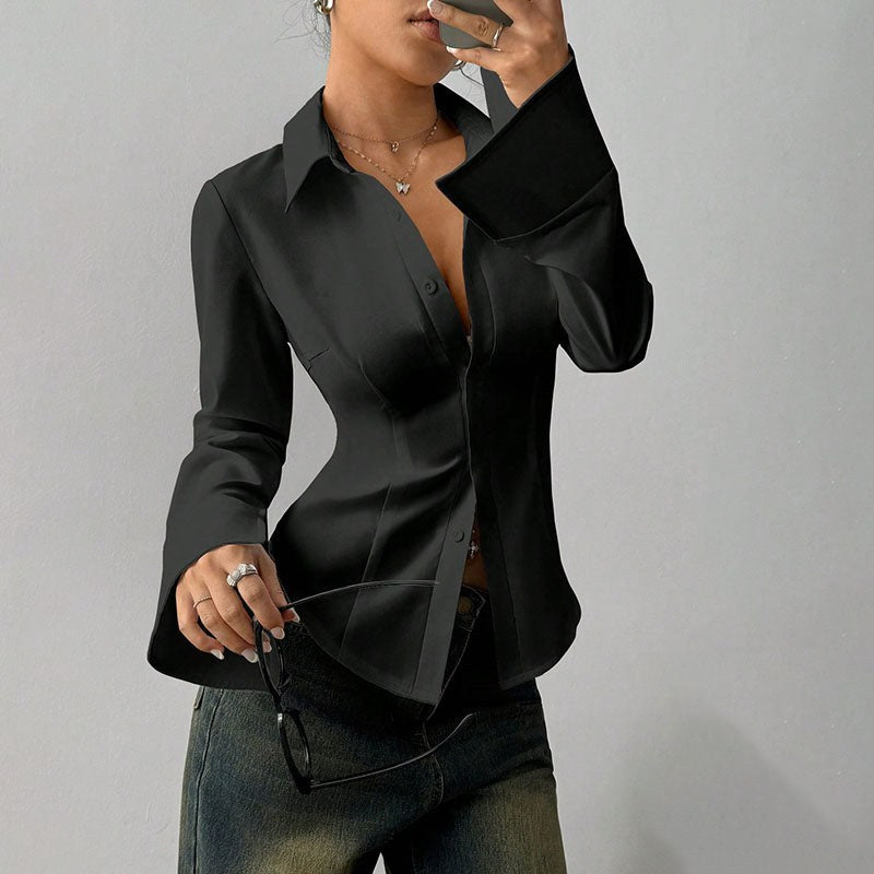 Ellie | Women's Fitted Shirt with Collar and V-Neckline, Long-Sleeve Blouse | Everlasting Boutique
