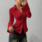Ellie | Women's Fitted Shirt with Collar and V-Neckline, Long-Sleeve Blouse | Everlasting Boutique