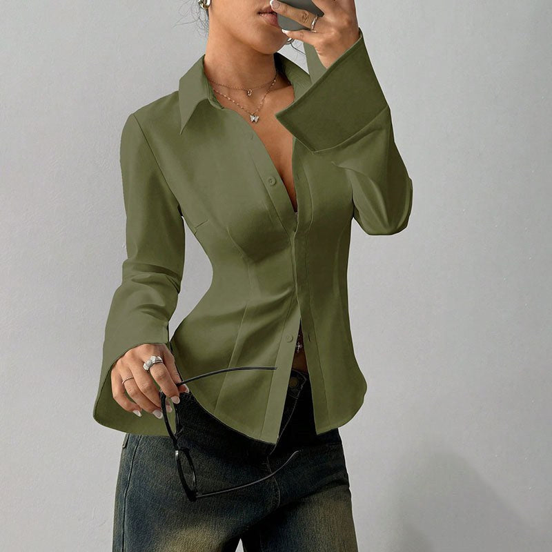 Ellie | Women's Fitted Shirt with Collar and V-Neckline, Long-Sleeve Blouse | Everlasting Boutique