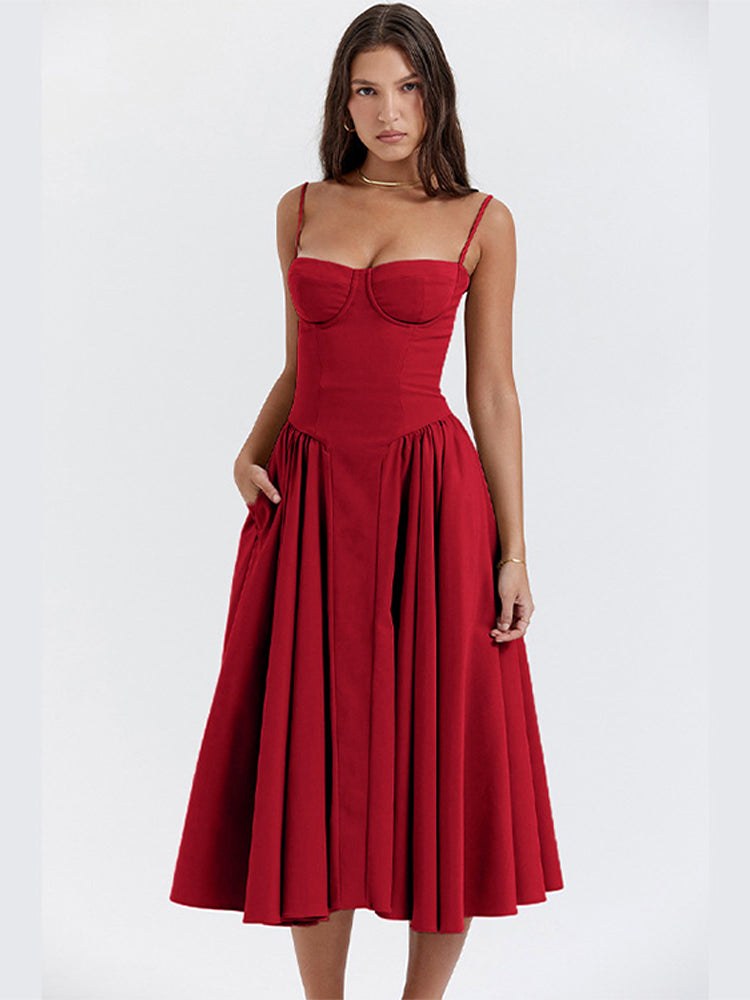 Elsie | Women's Corset Midi Dress with Adjustable Straps, Flattering Waist Midi Dress | Everlasting Boutique