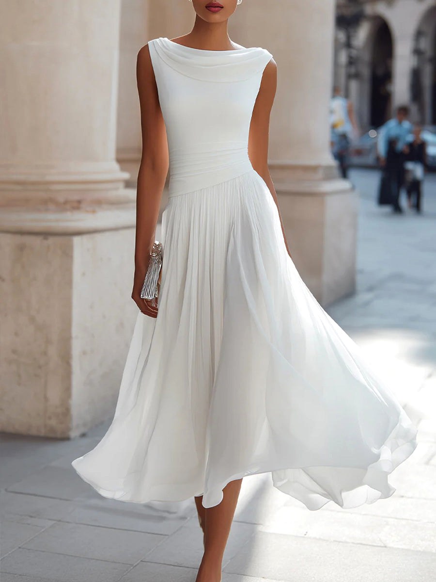 Elsie | Women's Pleated Midi Dress with Draped Neckline, Structured Midi Dress | Everlasting Boutique