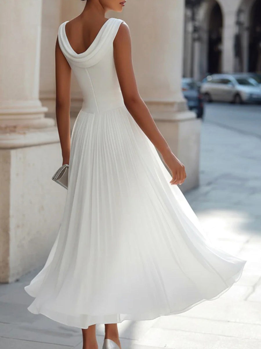 Elsie | Women's Pleated Midi Dress with Draped Neckline, Structured Midi Dress | Everlasting Boutique