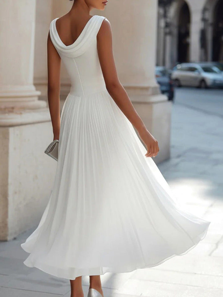 Elsie | Women's Pleated Midi Dress with Draped Neckline, Structured Midi Dress | Everlasting Boutique