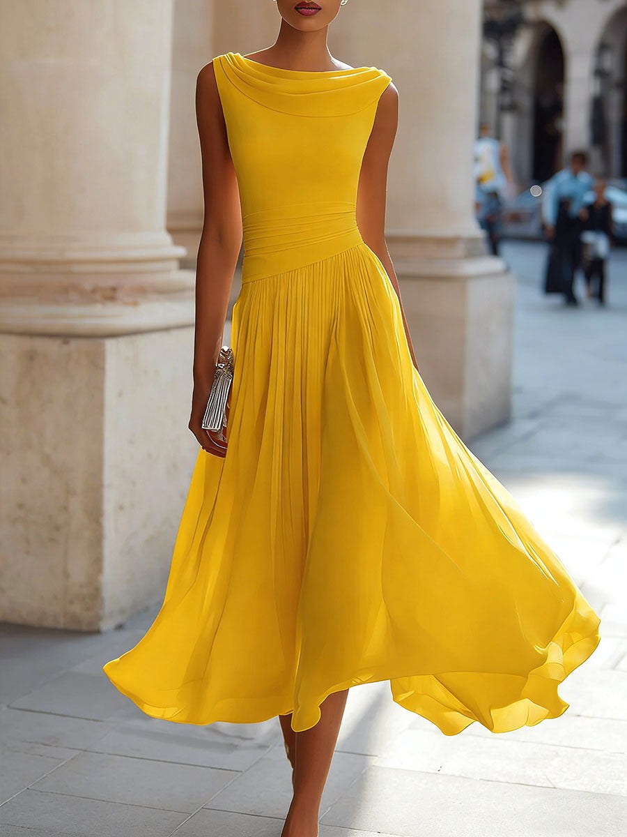 Elsie | Women's Pleated Midi Dress with Draped Neckline, Structured Midi Dress | Everlasting Boutique
