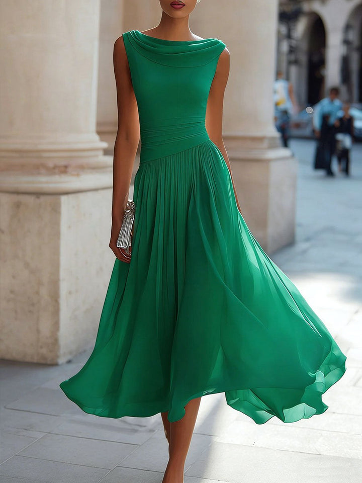 Elsie | Women's Pleated Midi Dress with Draped Neckline, Structured Midi Dress | Everlasting Boutique