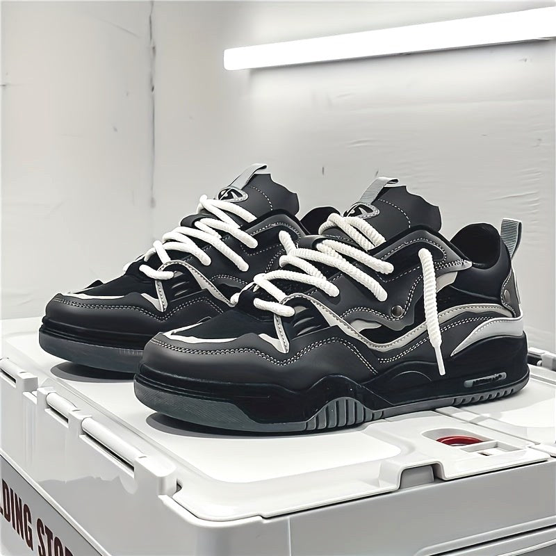 Emil | Men's Sports Shoes with Geometric Pattern, Lace-Up Shoes with Tread Sole | Everlasting Boutique | Black