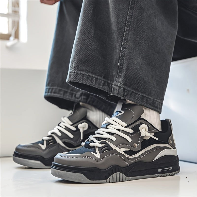 Emil | Men's Sports Shoes with Geometric Pattern, Lace-Up Shoes with Tread Sole | Everlasting Boutique | Grey