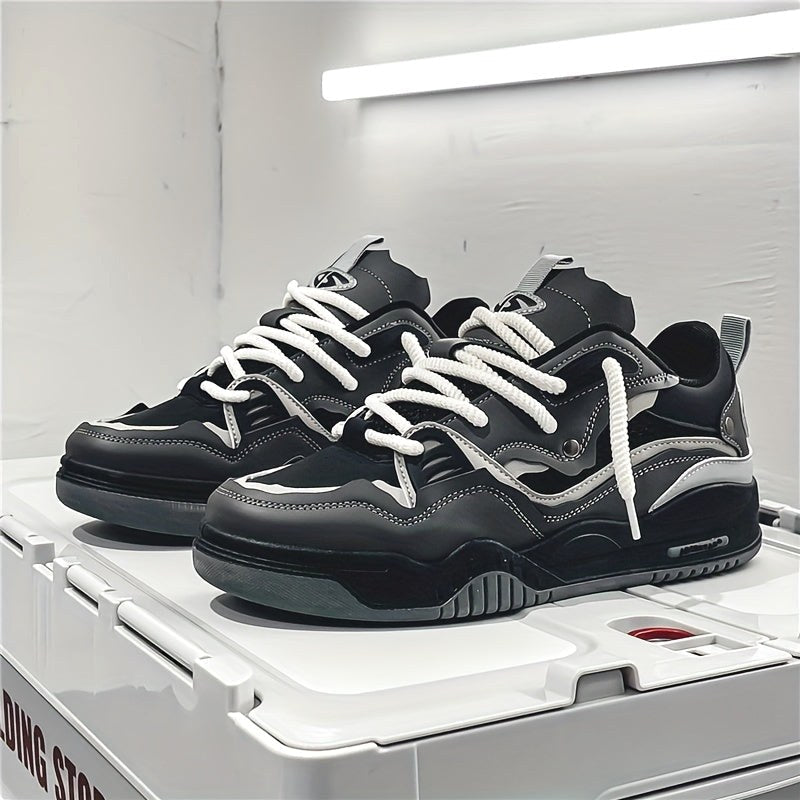 Emil | Men's Sports Shoes with Geometric Pattern, Lace-Up Shoes with Tread Sole | Everlasting Boutique | Black