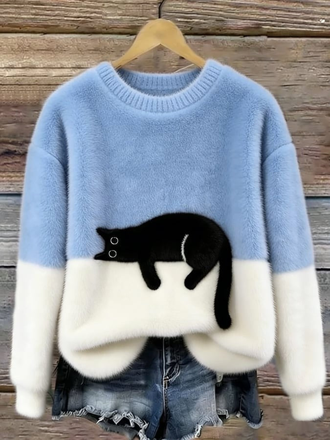 Estelle | Women's Cat Motif Wool-Mix Knit Jumper, Elegant Autumn Coat | Everlasting Boutique